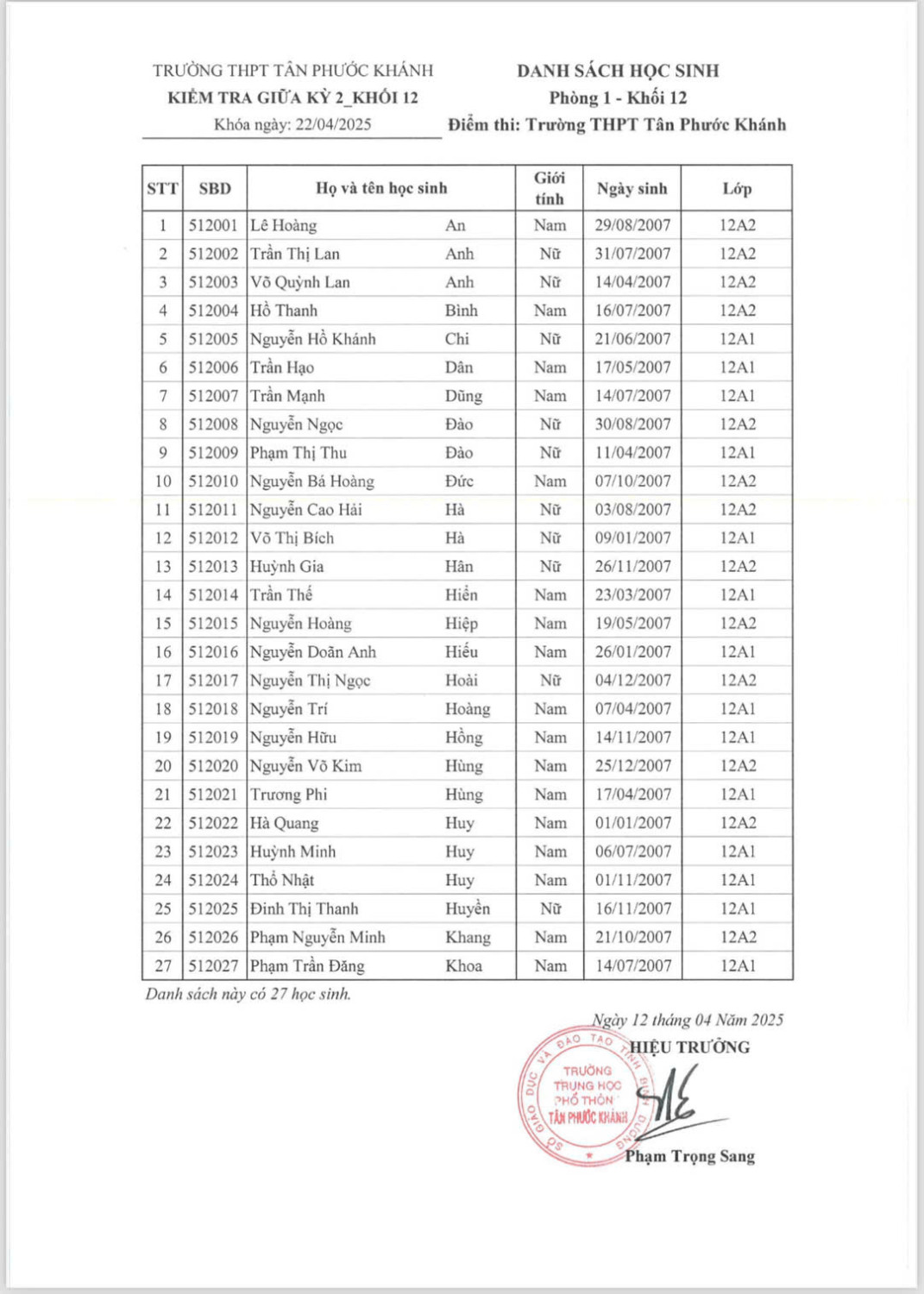 DANH SÁCH HỌC SINH K12_ KIỂM TRA CUỐI KỲ 2 NĂM HỌC 2024-2025