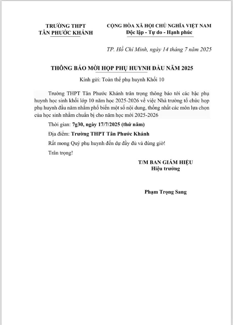 THÔNG BÁO MỜI HỌP PHỤ HUYNH ĐẦU NĂM 2025