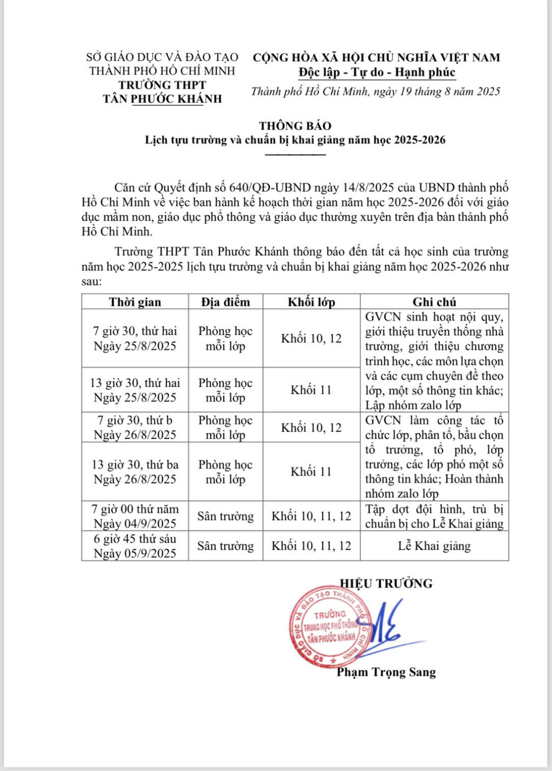 THÔNG BÁO LỊCH TỰU TRƯỜNG VÀ CHUẨN BỊ KHAI GIẢNG NĂM HỌC 2025-2026