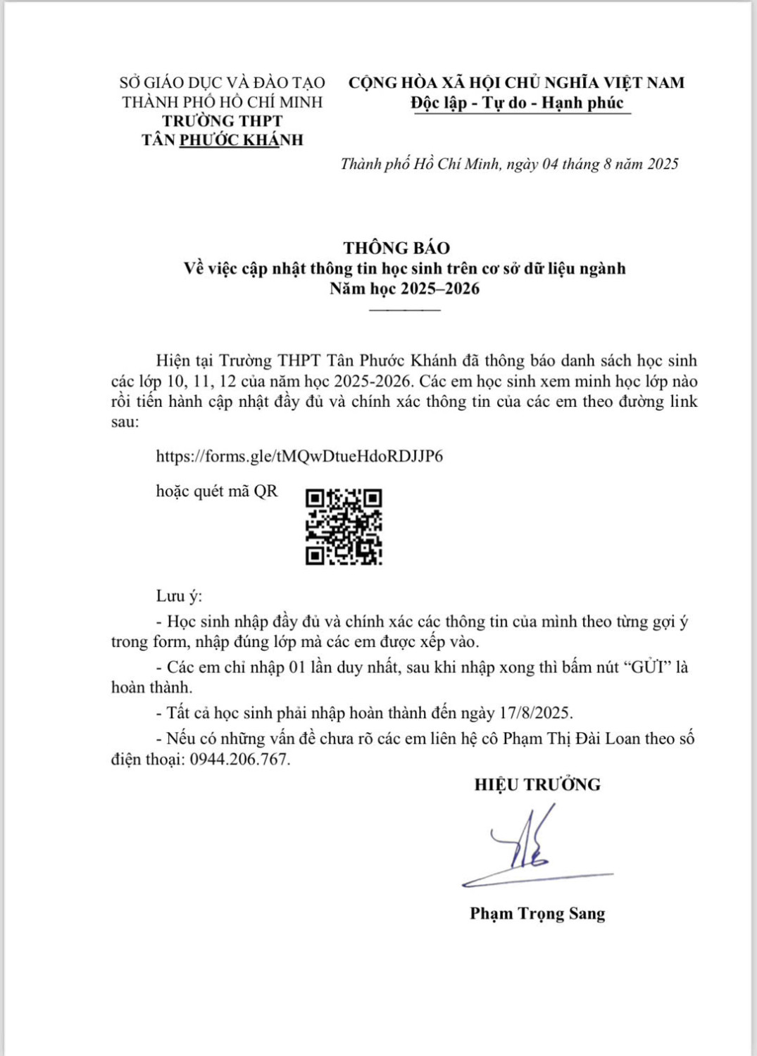 Thong bao HS cap nhat thong tin tren CSDL NH2025 2026