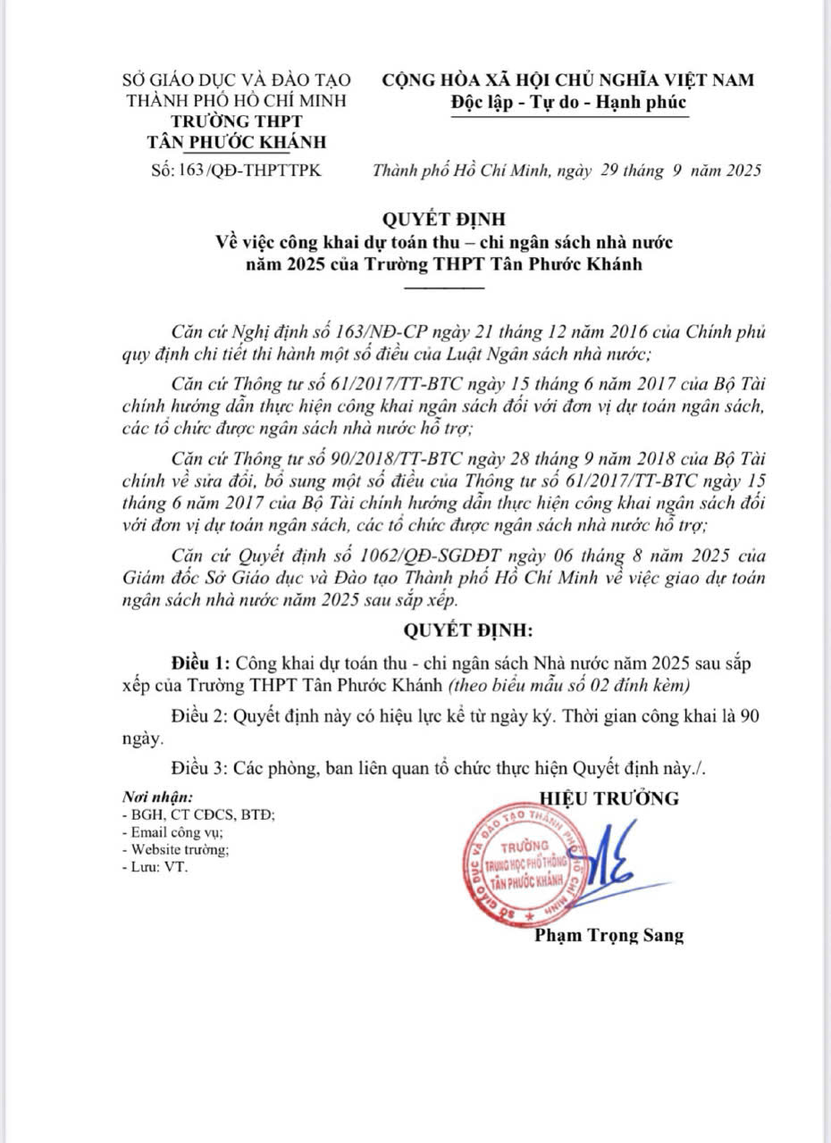 Quyết định Về việc công khai dự toán thu – chi ngân sách nhà nước  năm 2025 của Trường THPT Tân Phước Khánh