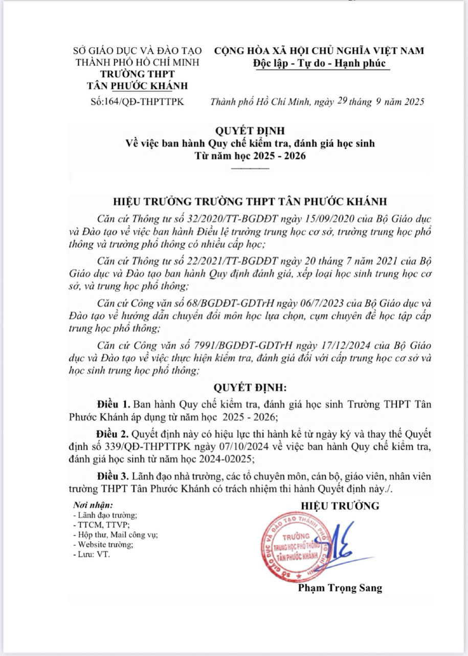 Quyết định Về việc ban hành Quy chế kiểm tra, đánh giá học sinh Từ năm học 2025 - 2026