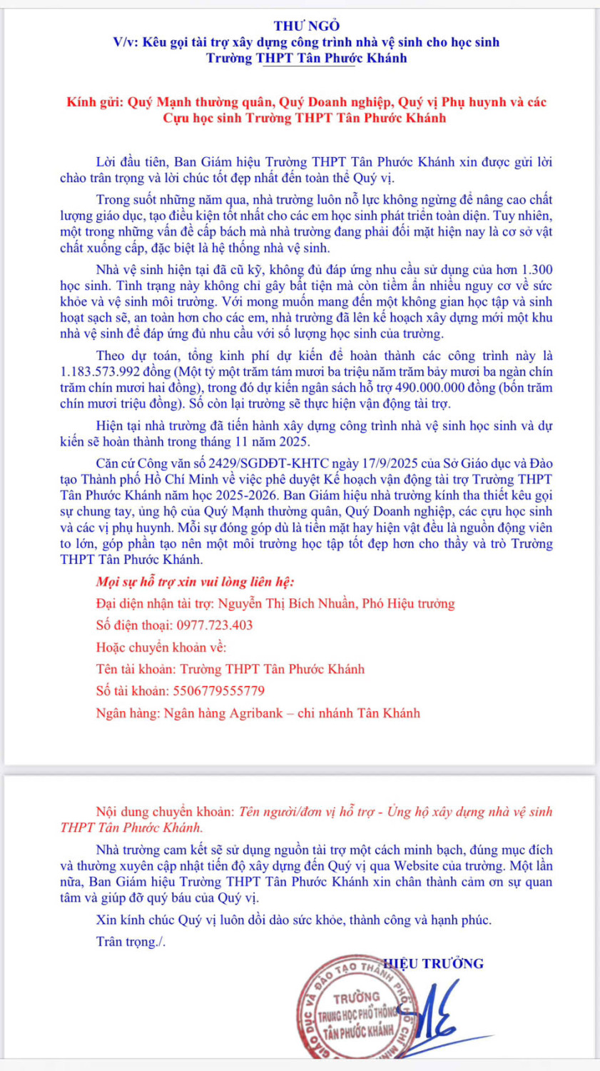THƯ NGỎ V/v Kêu gọi tài trợ xây dựng công trình nhà vệ sinh cho học sinh Trường THPT Tân Phước Khánh