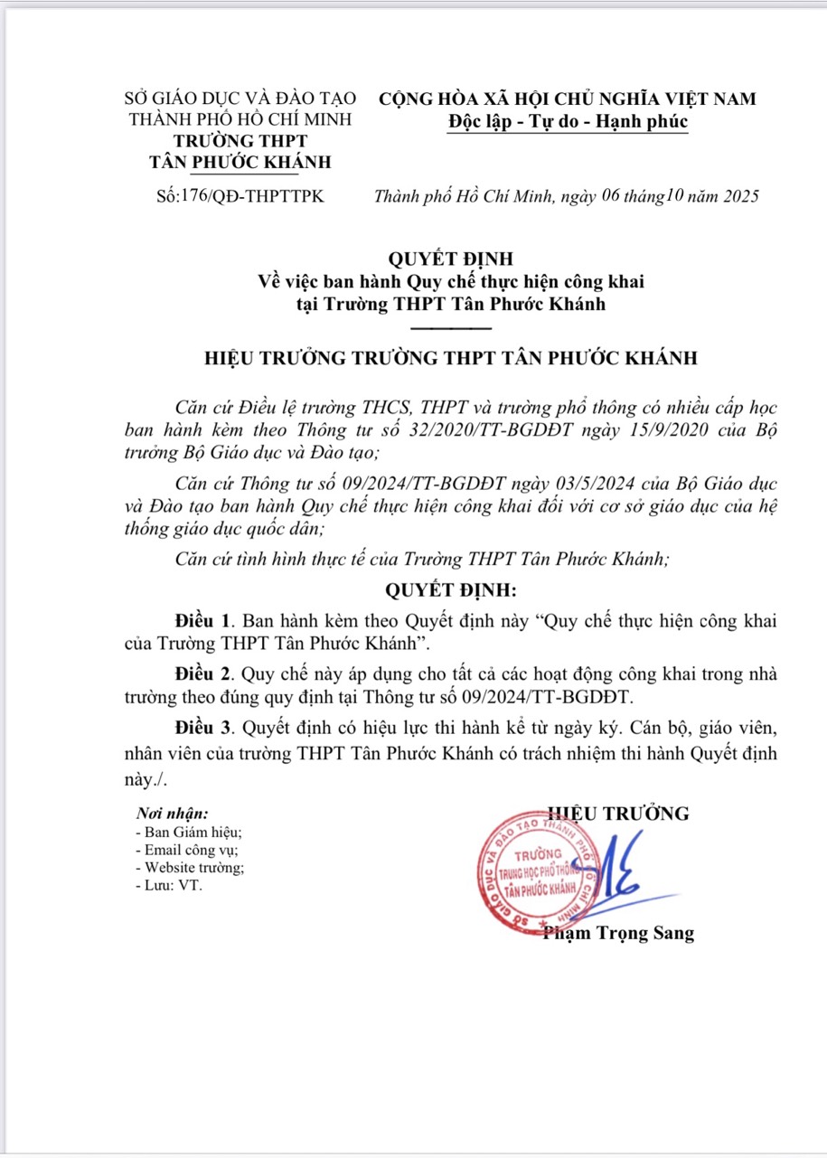 QUYẾT ĐỊNH VỀ VIỆC BAN HÀNH QUY CHẾ THỰC HIỆN CÔNG KHAI  TẠI TRƯỜNG THPT TÂN PHƯỚC KHÁNH