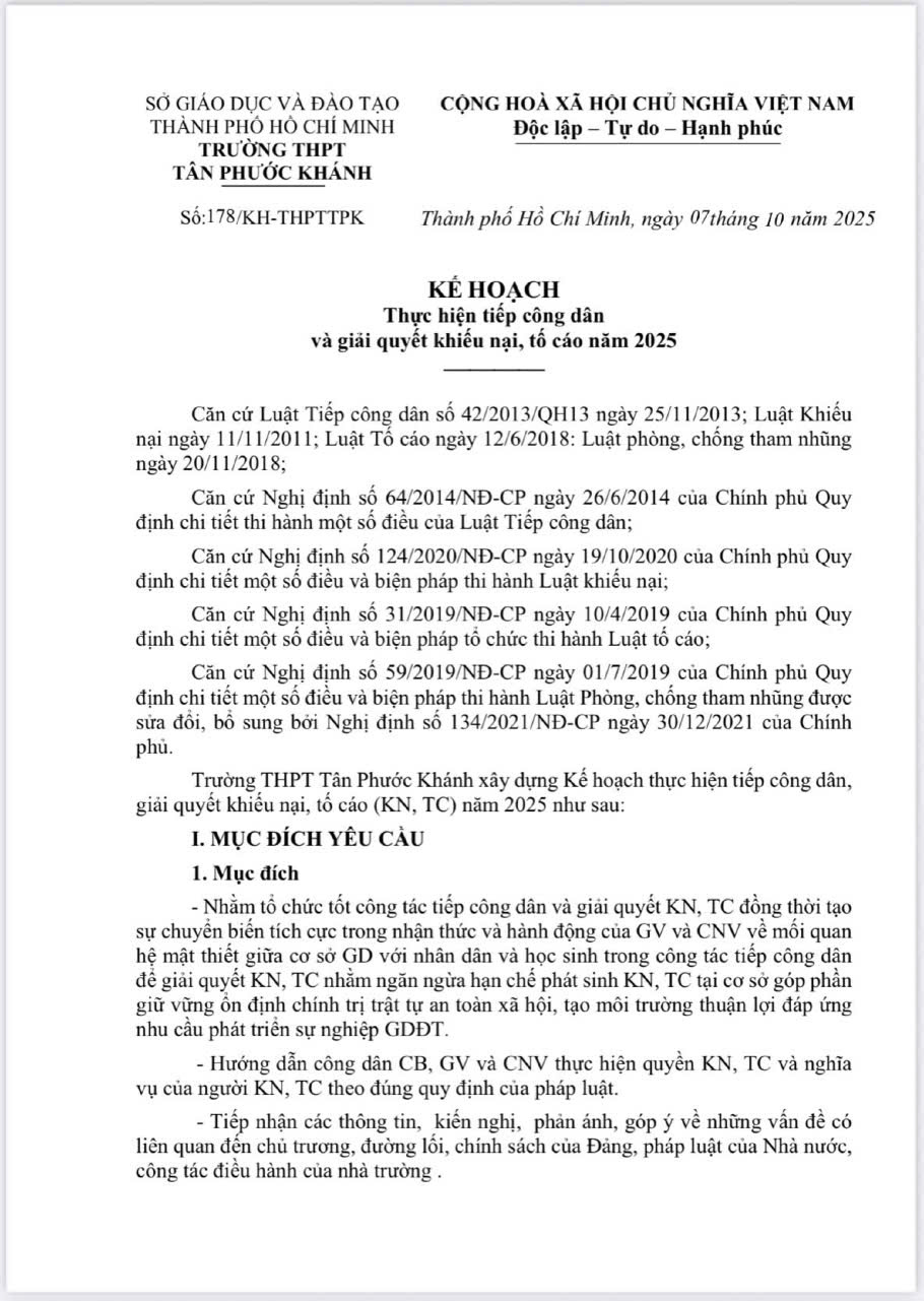 KẾ HOẠCH THỰC HIỆN TIẾP CÔNG DÂN VÀ GIẢI QUYẾT KHIẾU NẠI, TỐ CÁO NĂM 2025