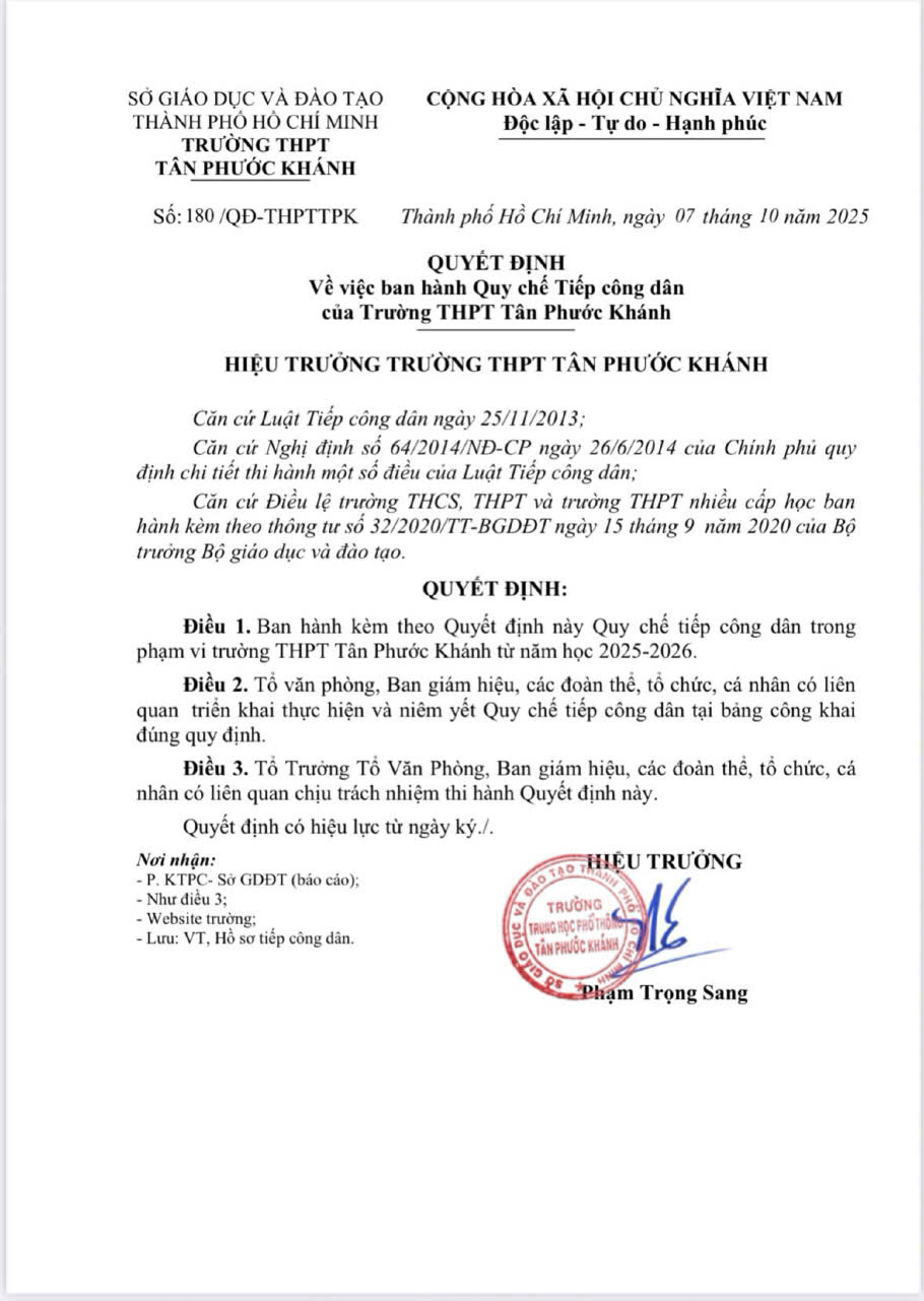 QUYẾT ĐỊNH VỀ VIỆC BAN HÀNH QUY CHẾ TIẾP CÔNG DÂN  CỦA TRƯỜNG THPT TÂN PHƯỚC KHÁNH