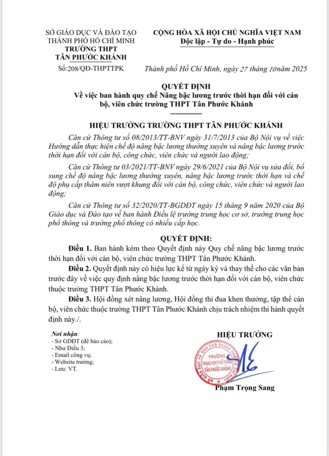 QUYẾT ĐỊNH VỀ VIỆC BAN HÀNH QUY CHẾ NÂNG BẬC LƯƠNG TRƯỚC THỜI HẠN ĐỐI VỚI CÁN BỘ, VIÊN CHỨC TRƯỜNG THPT TÂN PHƯỚC KHÁNH