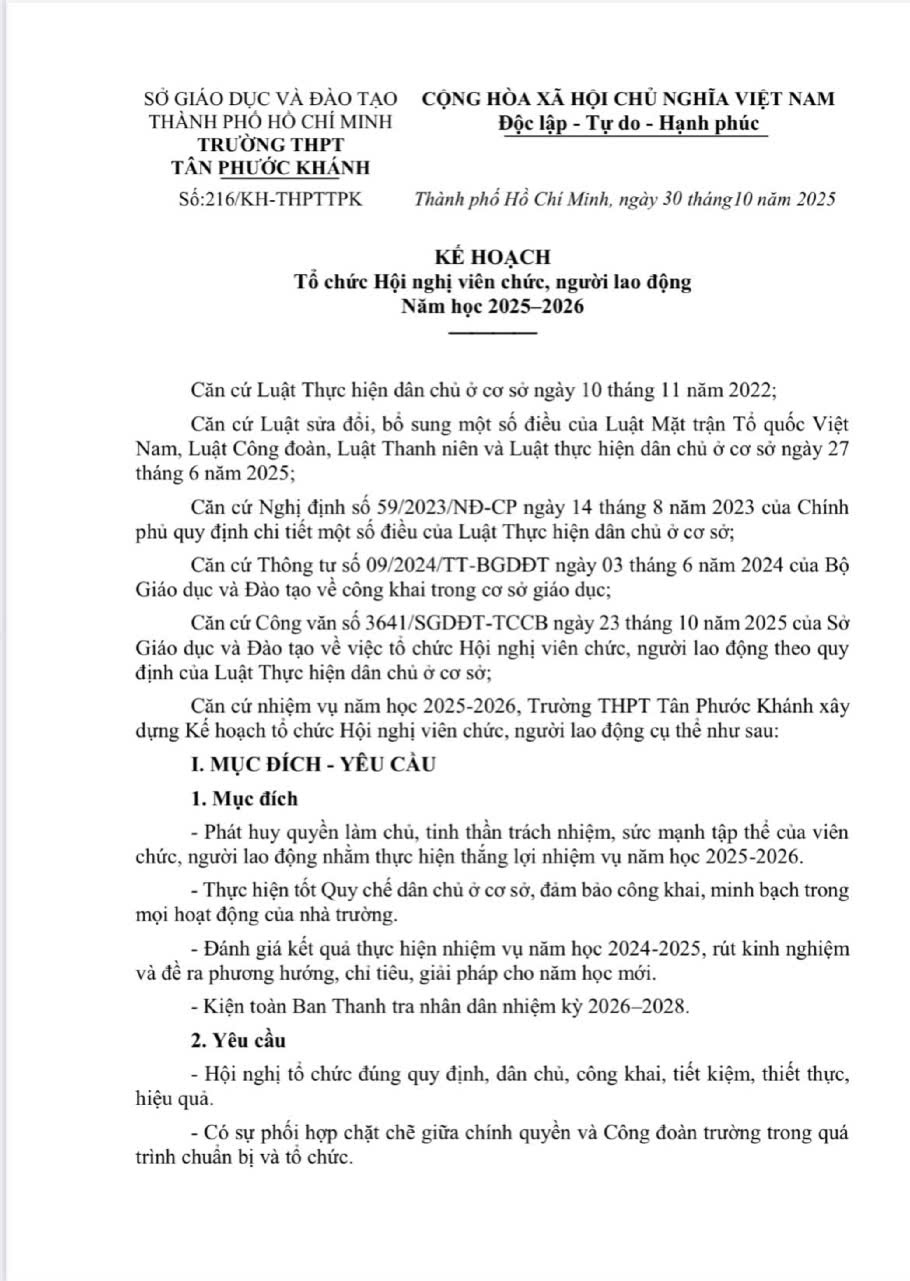 KẾ HOẠCH TỔ CHỨC HỘI NGHỊ VIÊN CHỨC, NGƯỜI LAO ĐỘNG NĂM HỌC 2025–2026