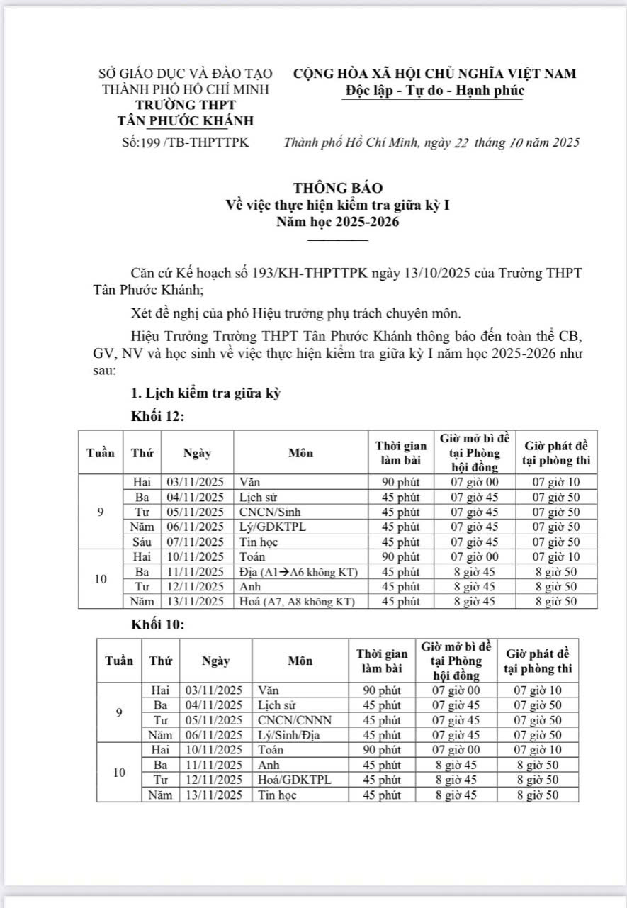THÔNG BÁO VỀ VIỆC THỰC HIỆN KIỂM TRA GIỮA KỲ I NĂM HỌC 2025-2026