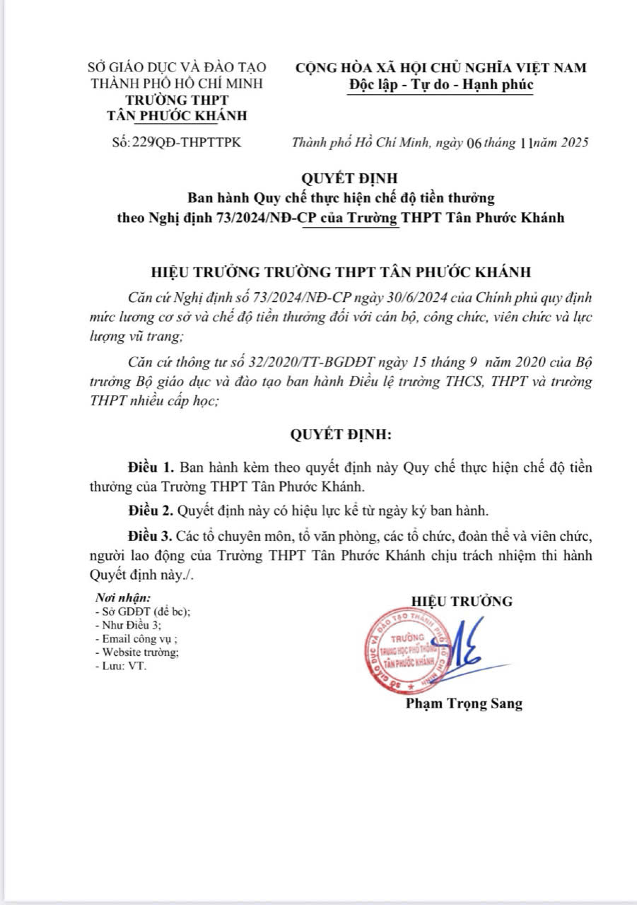 229 06112025 Quyet dinh Ban hanh Quy che thuc hien che do tien thuong (dinh kem Quy che tien thuong theo ND73)