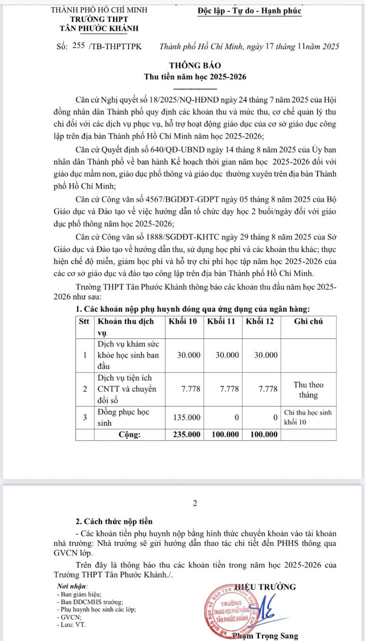 THÔNG BÁO THU TIỀN NĂM HỌC 2025-2026