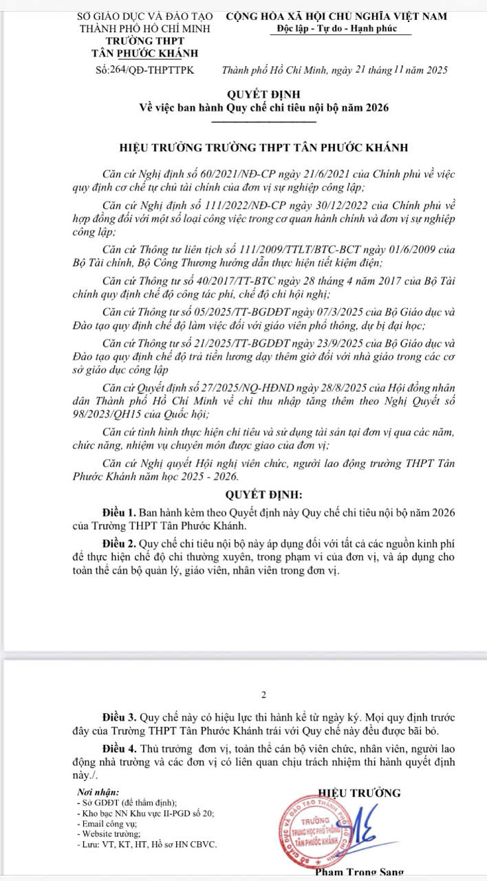 QUYẾT ĐỊNH VỀ VIỆC BAN HÀNH QUY CHẾ CHI TIÊU NỘI BỘ NĂM 2026