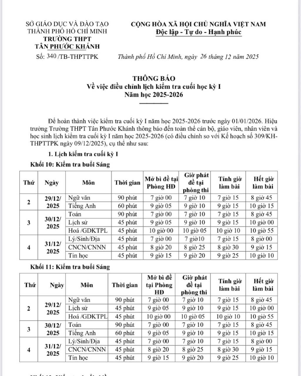 THÔNG BÁO VỀ VIỆC ĐIỀU CHỈNH LỊCH KIỂM TRA CUỐI HỌC KỲ I NĂM HỌC 2025-2026
