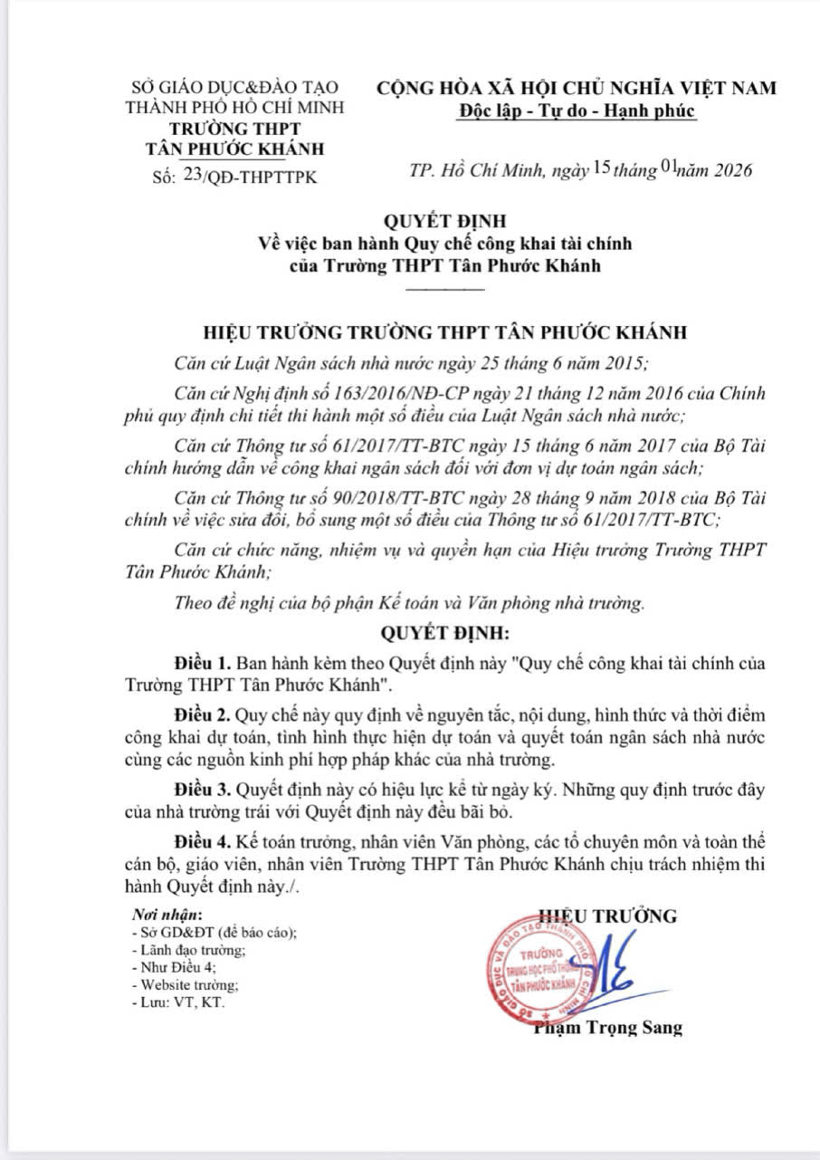 QUYẾT ĐỊNH VỀ VIỆC BAN HÀNH QUY CHẾ CÔNG KHAI TÀI CHÍNH CỦA TRƯỜNG THPT TÂN PHƯỚC KHÁNH