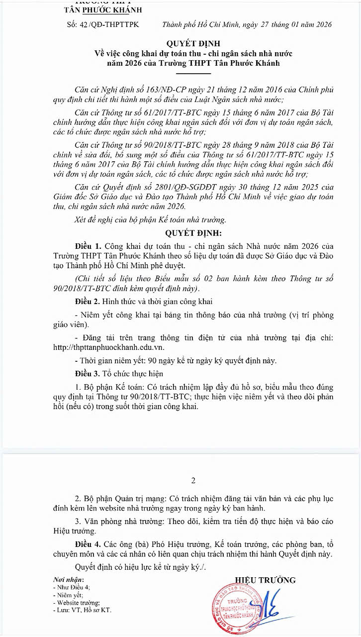 QUYẾT ĐỊNH VỀ VIỆC CÔNG KHAI DỰ TOÁN THU - CHI NGÂN SÁCH NHÀ NƯỚC NĂM 2026 CỦA TRƯỜNG THPT TÂN PHƯỚC KHÁNH