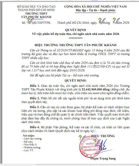 QUYẾT ĐỊNH VỀ VIỆC PHÂN BỔ DỰ TOÁN THU, CHI NGÂN SÁCH NHÀ NƯỚC NĂM 2026