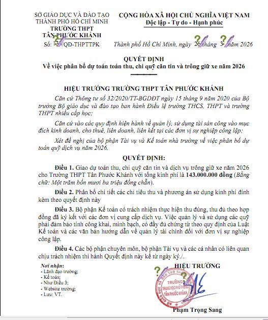 QUYẾT ĐỊNH VỀ VIỆC PHÂN BỔ DỰ TOÁN TOÁN THU, CHI QUỸ CĂN TIN VÀ TRÔNG GIỮ XE NĂM 2026