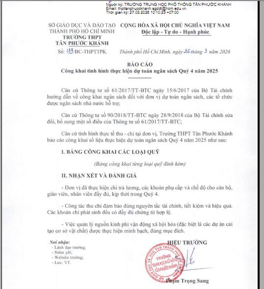 BÁO CÁO CÔNG KHAI TÌNH HÌNH THỰC HIỆN DỰ TOÁN NGÂN SÁCH QUÝ 4 NĂM 2025