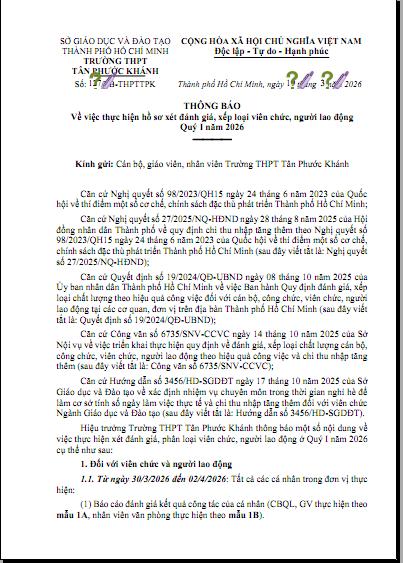 THÔNG BÁO VỀ VIỆC THỰC HIỆN HỒ SƠ XÉT ĐÁNH GIÁ, XẾP LOẠI VIÊN CHỨC, NGƯỜI LAO ĐỘNG QUÝ I NĂM 2026