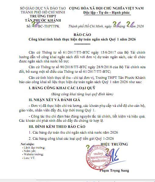 BÁO CÁO CÔNG KHAI TÌNH HÌNH THỰC HIỆN DỰ TOÁN NGÂN SÁCH QUÝ 1 NĂM 2026