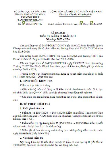 KẾ HOẠCH KIỂM TRA CUỐI KỲ II, KHỐI 10, 11 NĂM HỌC 2025 - 2026
