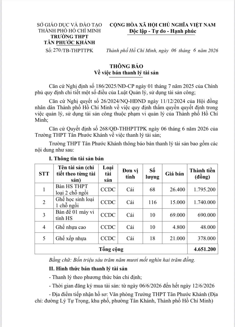 THÔNG BÁO  Về việc bán thanh lý tài sản