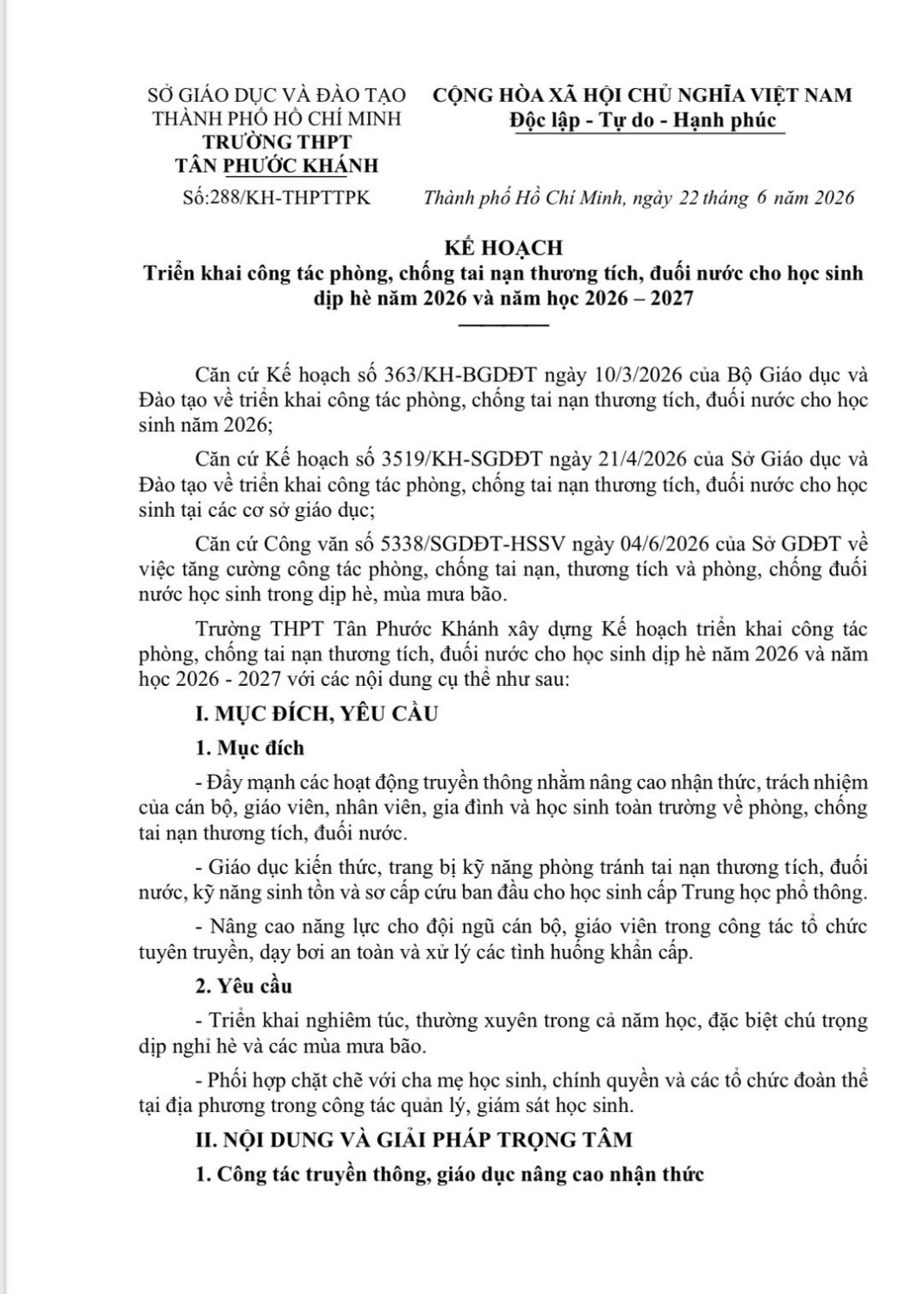 KẾ HOẠCH TRIỂN KHAI CÔNG TÁC PHÒNG, CHỐNG TAI NẠN THƯƠNG TÍCH, ĐUỐI NƯỚC CHO HỌC SINH DỊP HÈ NĂM 2026 VÀ NĂM HỌC 2026 – 2027