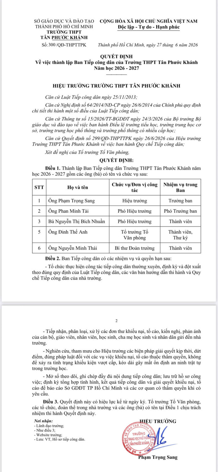 QUYẾT ĐỊNH VỀ VIỆC THÀNH LẬP BAN TIẾP CÔNG DÂN CỦA TRƯỜNG THPT TÂN PHƯỚC KHÁNH NĂM HỌC 2026 - 2027