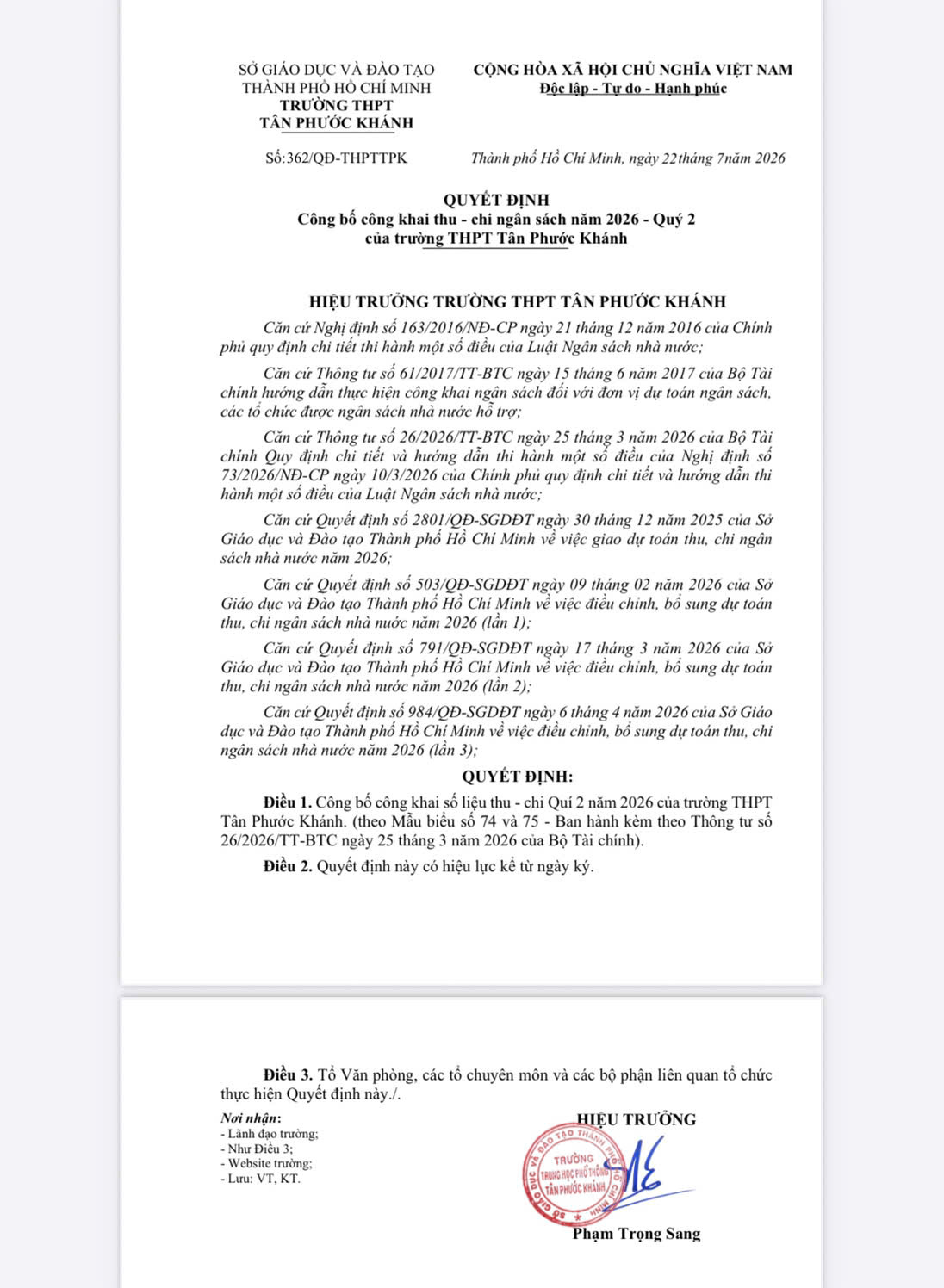 QUYẾT ĐỊNH CÔNG BỐ CÔNG KHAI THU - CHI NGÂN SÁCH NĂM 2026 - QUÝ 2 CỦA TRƯỜNG THPT TÂN PHƯỚC KHÁNH