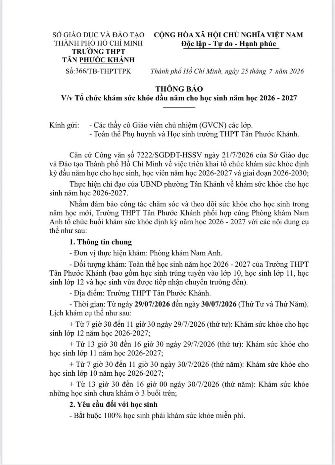 THÔNG BÁO V/V TỔ CHỨC KHÁM SỨC KHỎE ĐẦU NĂM CHO HỌC SINH NĂM HỌC 2026 - 2027