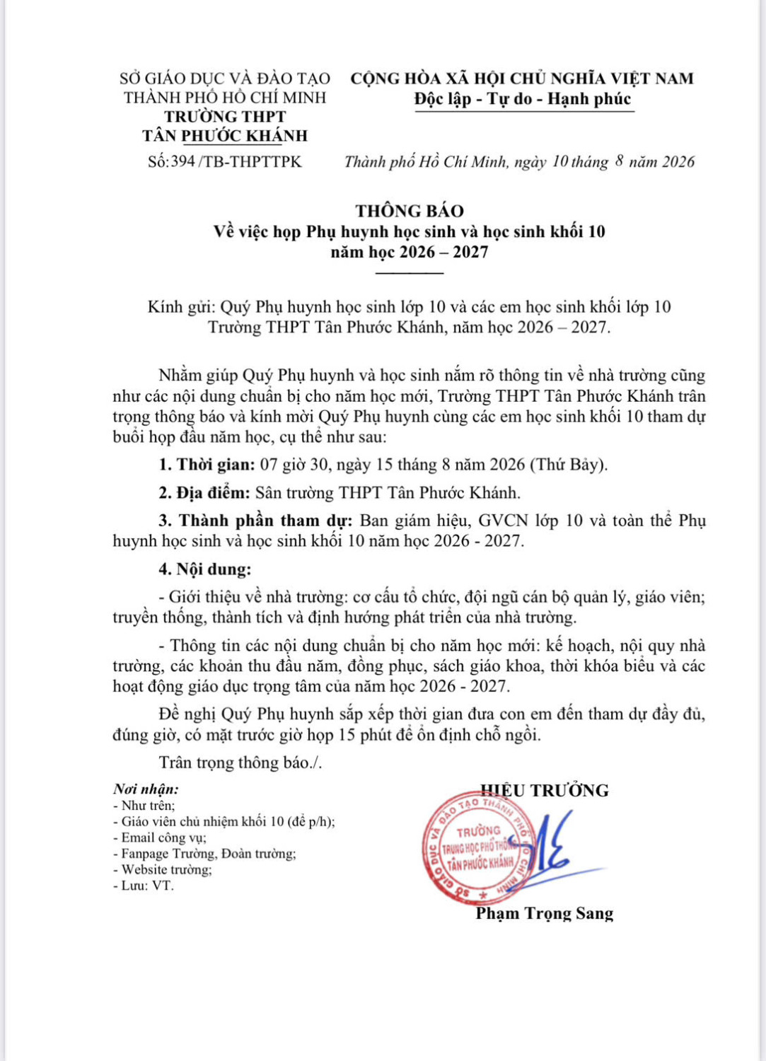 THÔNG BÁO VỀ VIỆC HỌP PHỤ HUYNH HỌC SINH VÀ HỌC SINH KHỐI 10 NĂM HỌC 2026 – 2027