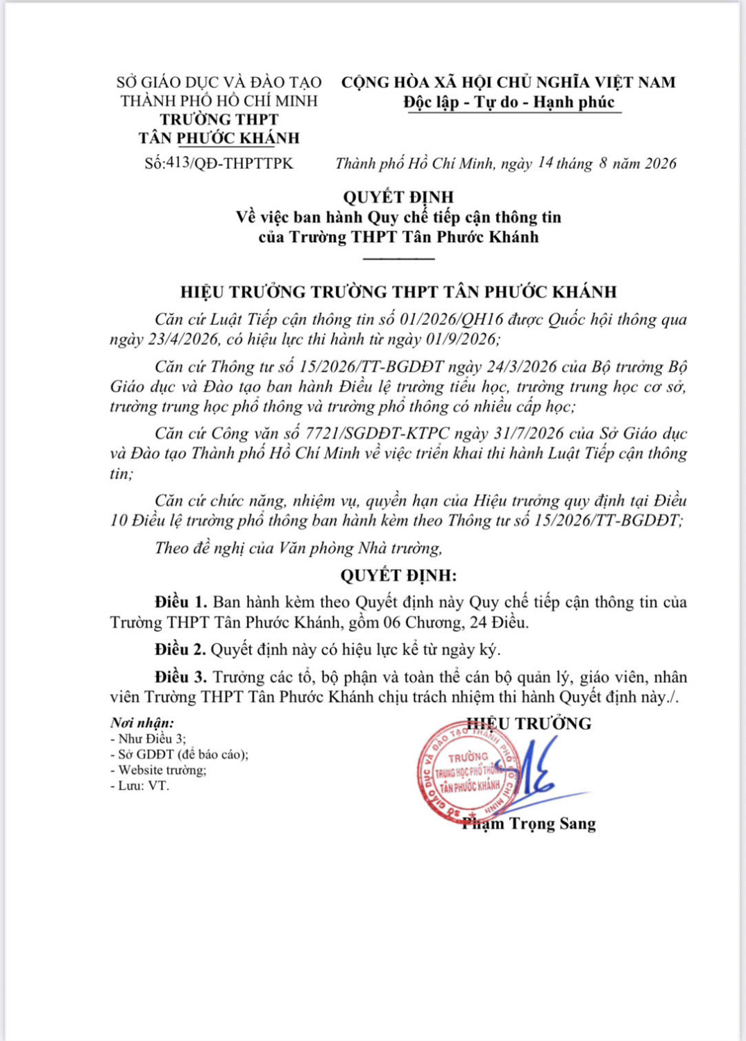 QUYẾT ĐỊNH VỀ VIỆC BAN HÀNH QUY CHẾ TIẾP CẬN THÔNG TIN CỦA TRƯỜNG THPT TÂN PHƯỚC KHÁNH