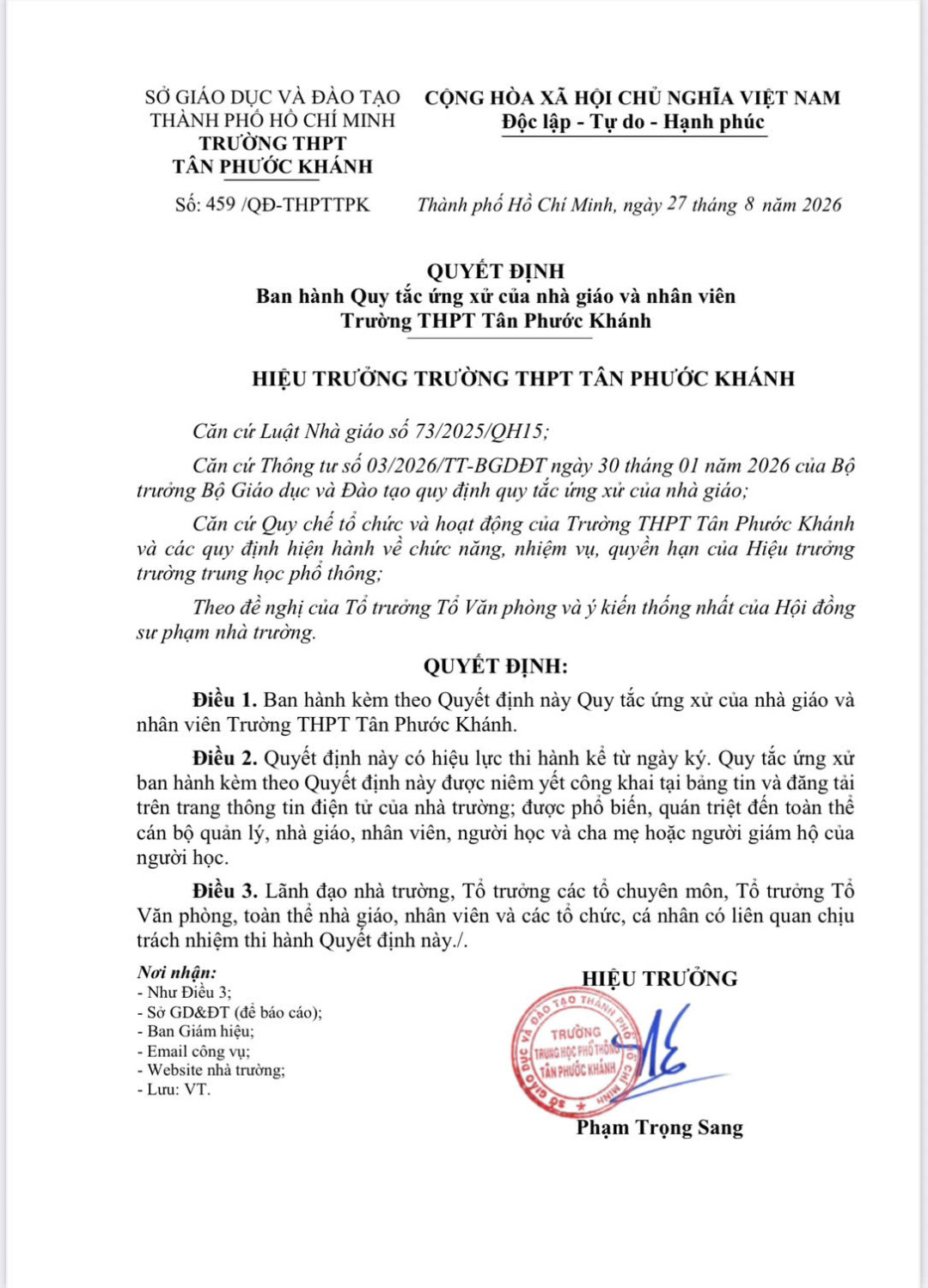 QUYẾT ĐỊNH BAN HÀNH QUY TẮC ỨNG XỬ CỦA NHÀ GIÁO VÀ NHÂN VIÊN TRƯỜNG THPT TÂN PHƯỚC KHÁNH