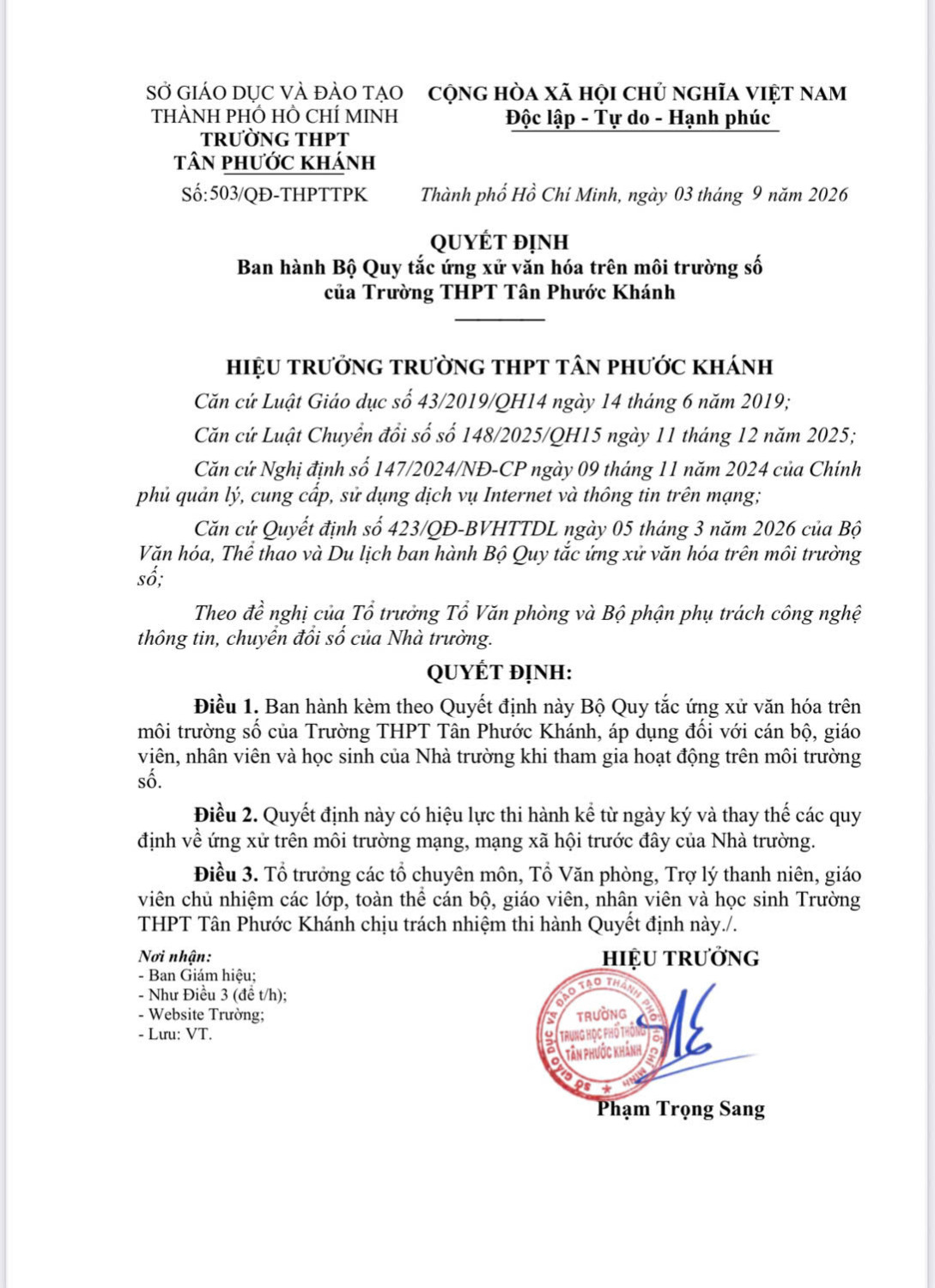 QUYẾT ĐỊNH BAN HÀNH BỘ QUY TẮC ỨNG XỬ VĂN HÓA TRÊN MÔI TRƯỜNG SỐ CỦA TRƯỜNG THPT TÂN PHƯỚC KHÁNH