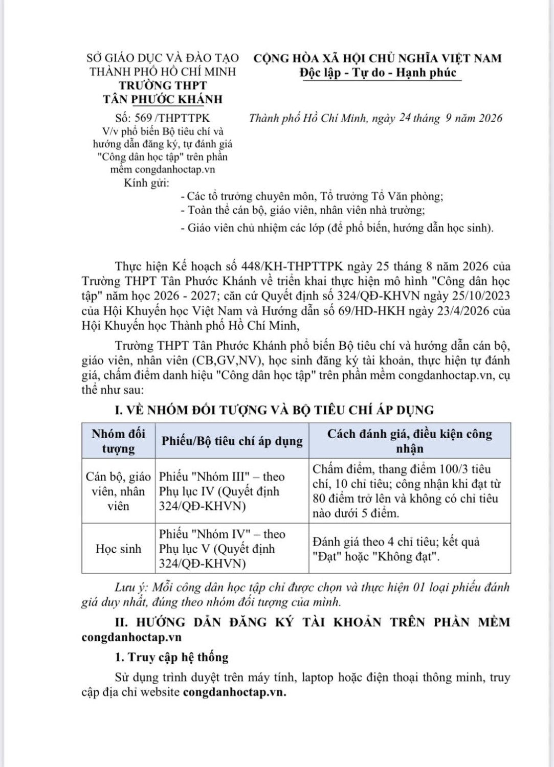 PHỔ BIẾN BỘ TIÊU CHÍ VÀ HƯỚNG DẪN ĐĂNG KÝ, TỰ ĐÁNH GIÁ “CÔNG DÂN HỌC TẬP” TRÊN PHẦN MỀM CONGDANHOCTAP.VN