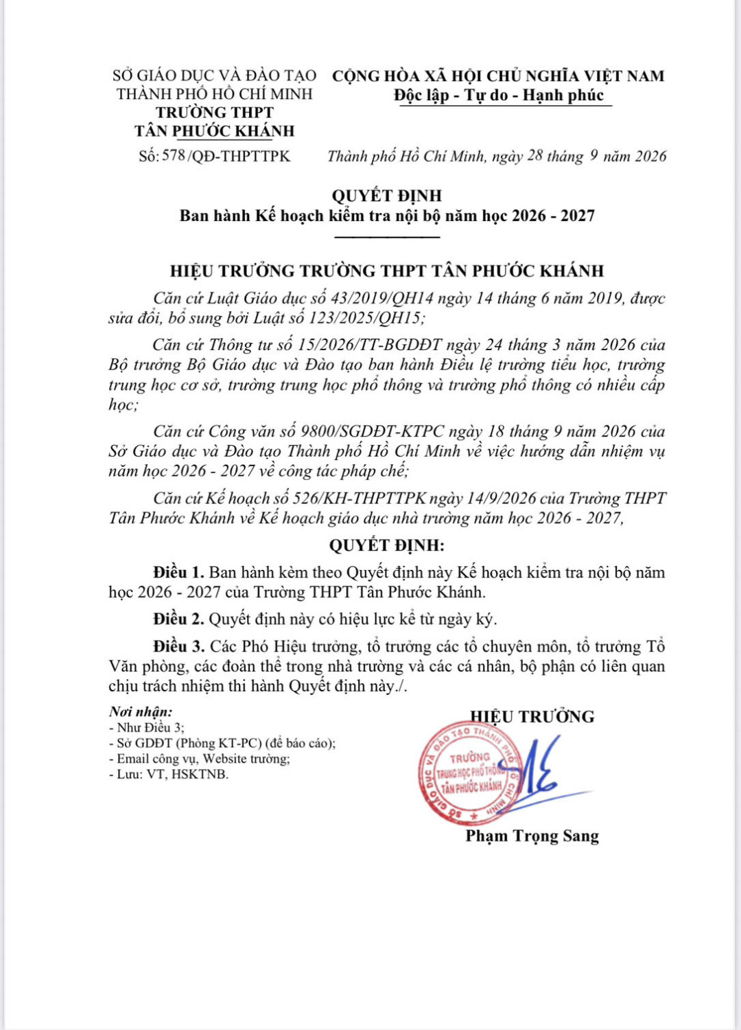 QUYẾT ĐỊNH BAN HÀNH KẾ HOẠCH KIỂM TRA NỘI BỘ NĂM HỌC 2026 - 2027
