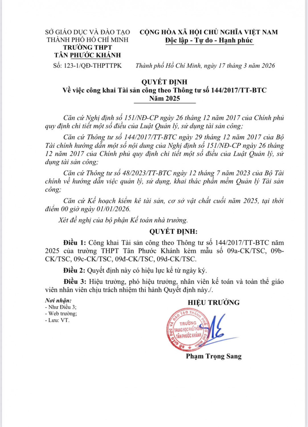 QUYẾT ĐỊNH VỀ VIỆC CÔNG KHAI TÀI SẢN CÔNG THEO THÔNG TƯ SỐ 144/2017/TT-BTC NĂM 2025