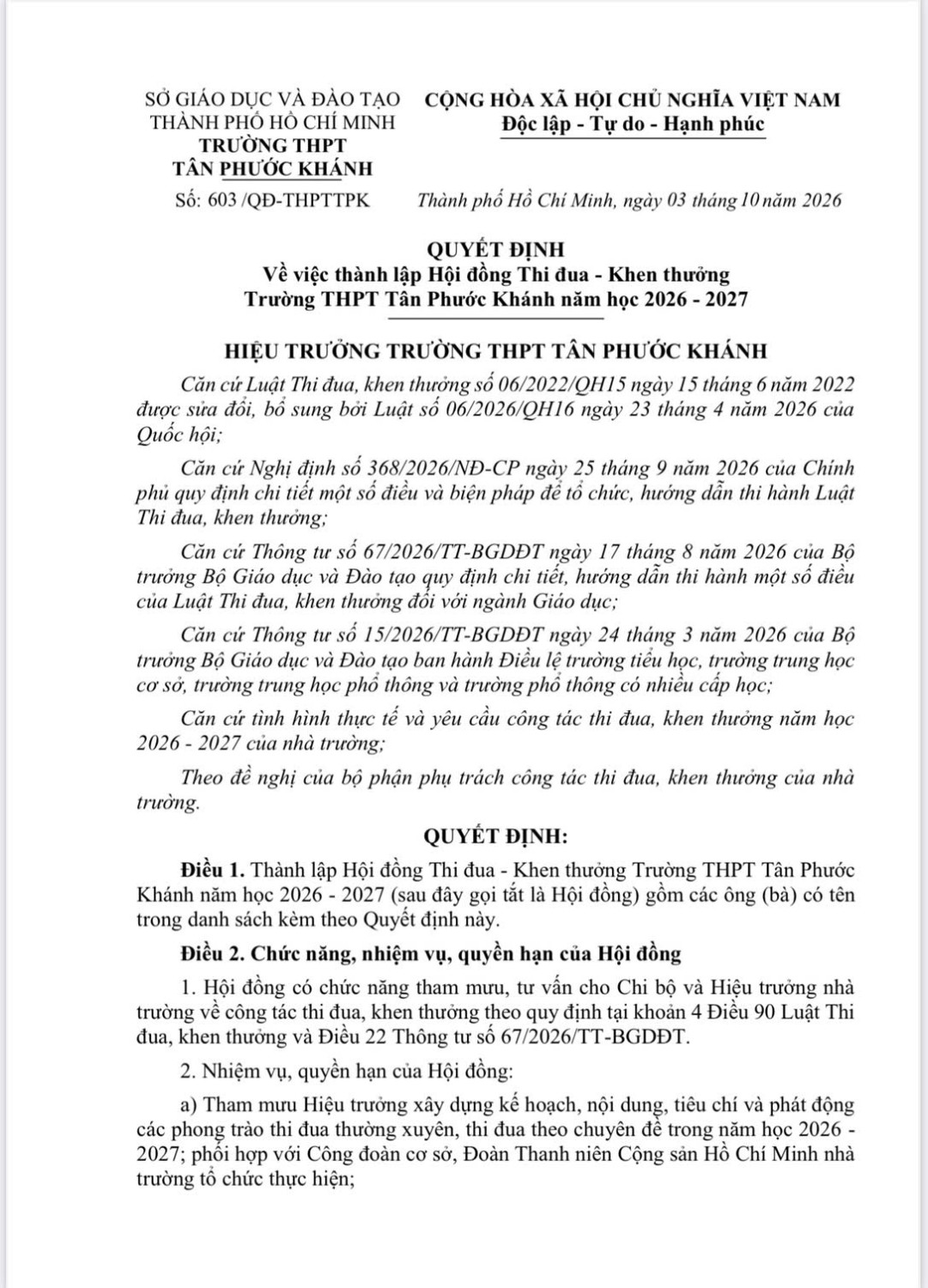 QUYẾT ĐỊNH VỀ VIỆC THÀNH LẬP HỘI ĐỒNG THI ĐUA - KHEN THƯỞNG TRƯỜNG THPT TÂN PHƯỚC KHÁNH NĂM HỌC 2026 - 2027