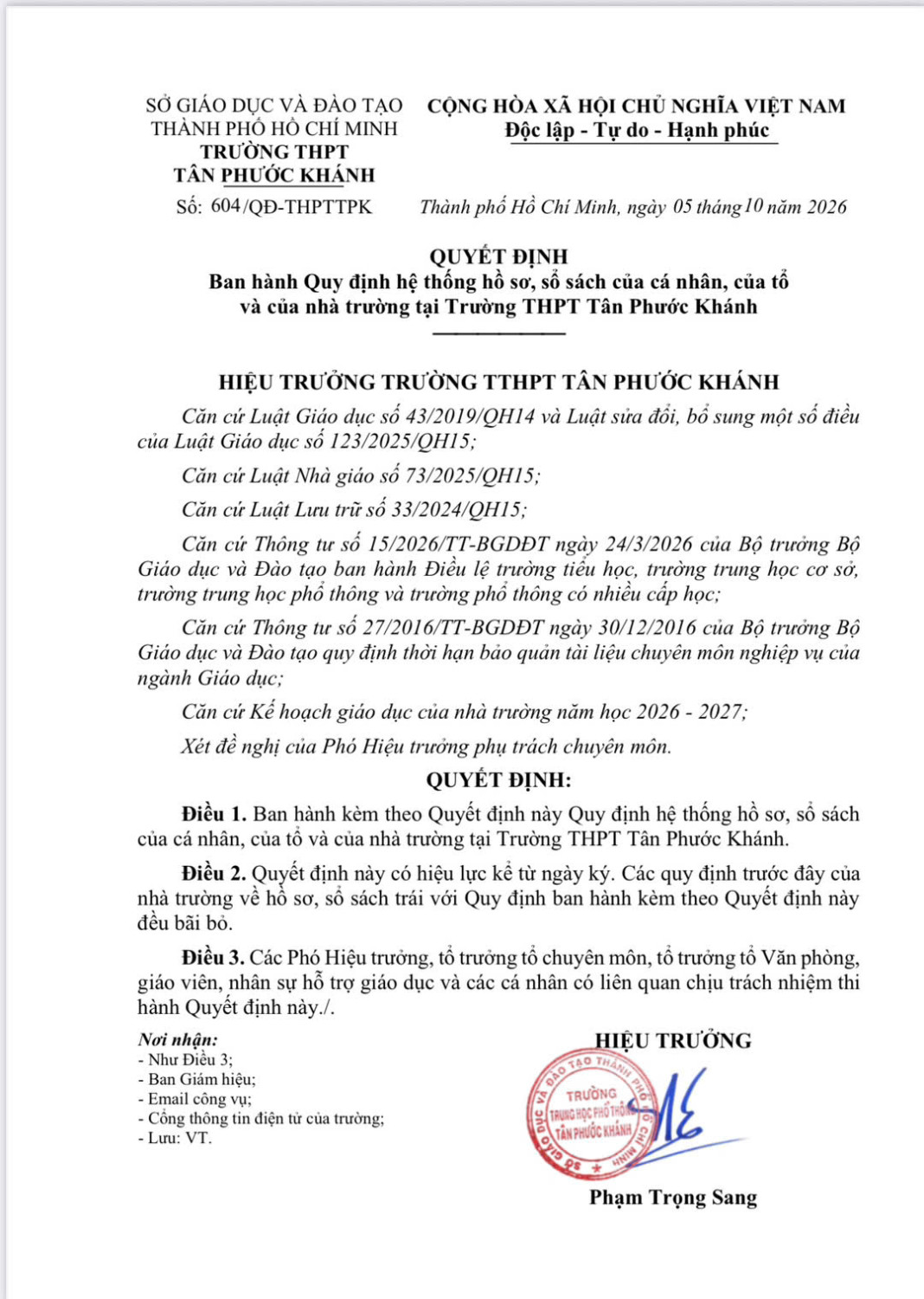 QUYẾT ĐỊNH BAN HÀNH QUY ĐỊNH HỆ THỐNG HỒ SƠ, SỔ SÁCH CỦA CÁ NHÂN, CỦA TỔ VÀ CỦA NHÀ TRƯỜNG TẠI TRƯỜNG THPT TÂN PHƯỚC KHÁNH