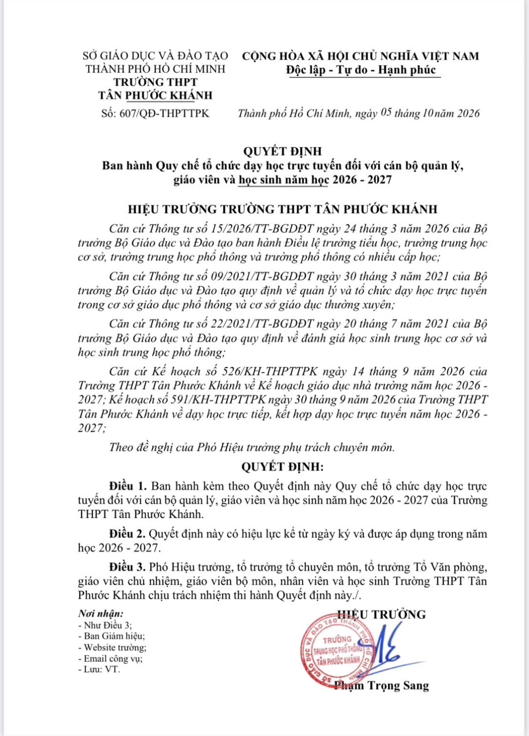 QUYẾT ĐỊNH BAN HÀNH QUY CHẾ TỔ CHỨC DẠY HỌC TRỰC TUYẾN ĐỐI VỚI CÁN BỘ QUẢN LÝ, GIÁO VIÊN VÀ HỌC SINH NĂM HỌC 2026 - 2027