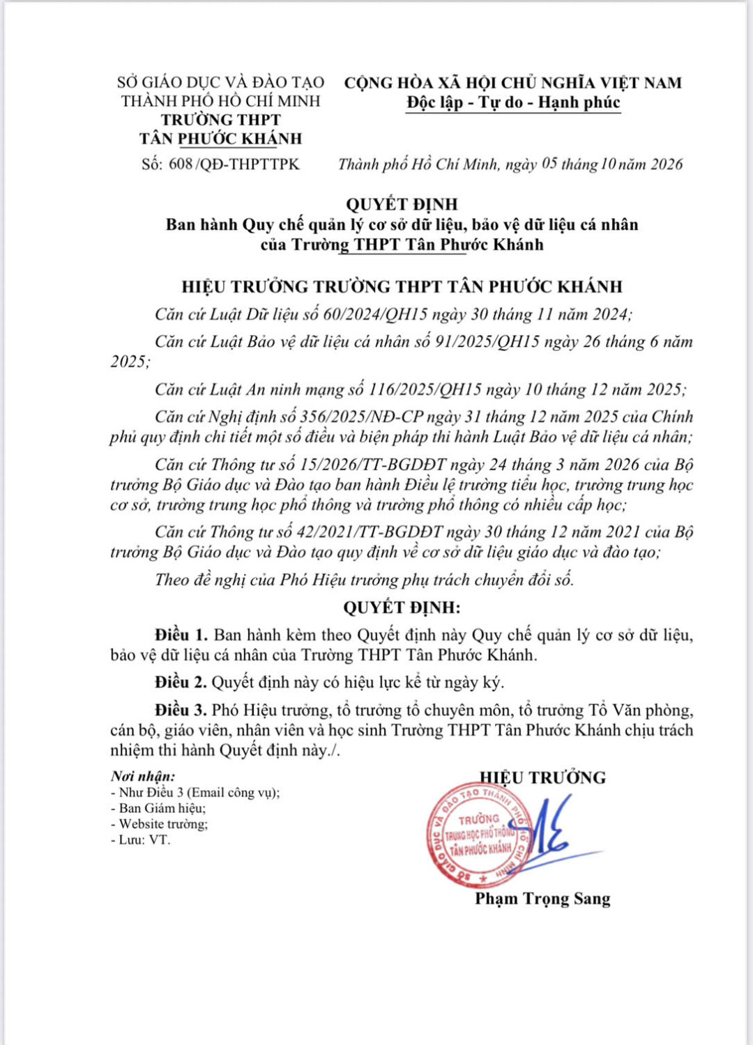 QUYẾT ĐỊNH BAN HÀNH QUY CHẾ QUẢN LÝ CƠ SỞ DỮ LIỆU, BẢO VỆ DỮ LIỆU CÁ NHÂN CỦA TRƯỜNG THPT TÂN PHƯỚC KHÁNH