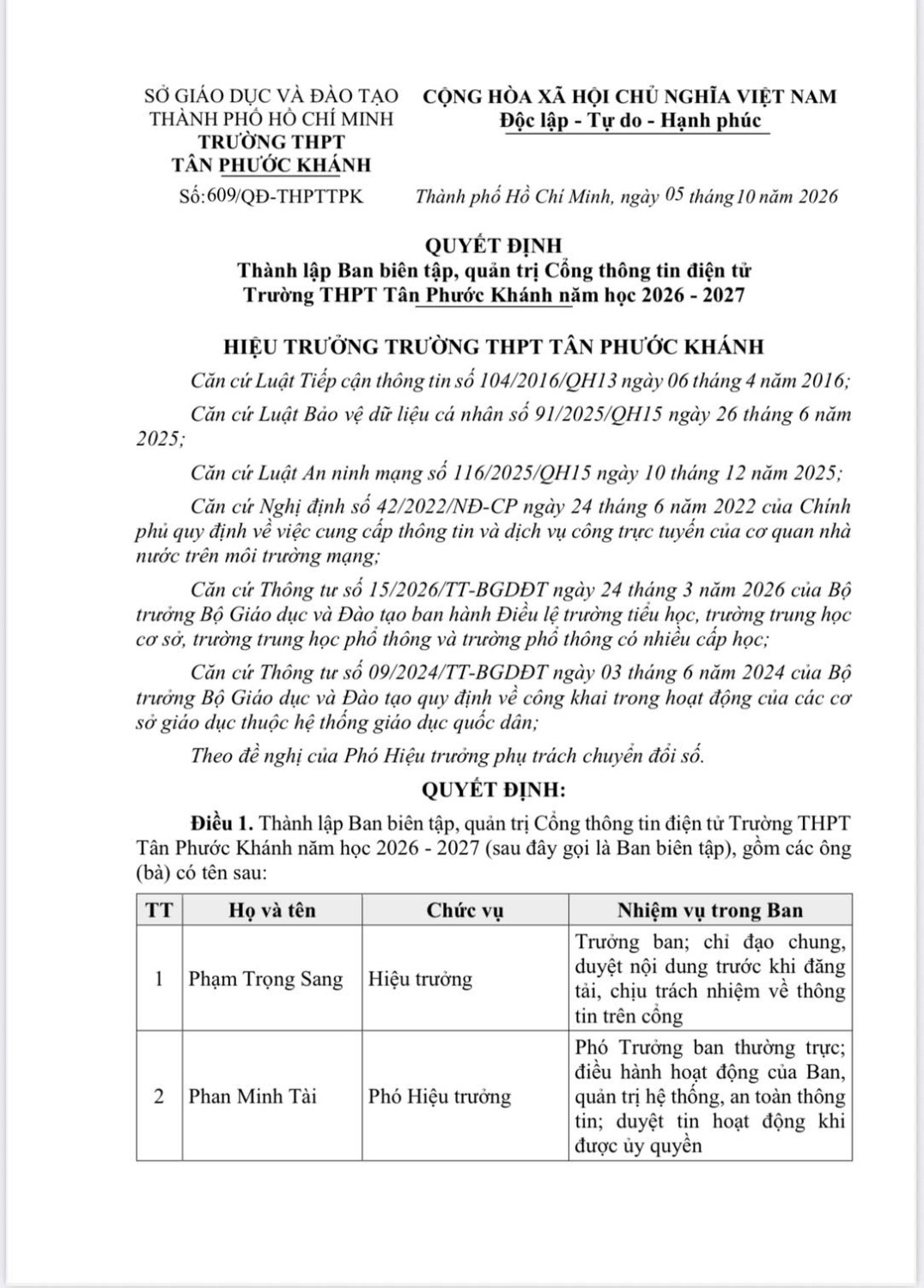 QUYẾT ĐỊNH THÀNH LẬP BAN BIÊN TẬP, QUẢN TRỊ CỔNG THÔNG TIN ĐIỆN TỬ TRƯỜNG THPT TÂN PHƯỚC KHÁNH NĂM HỌC 2026 - 2027