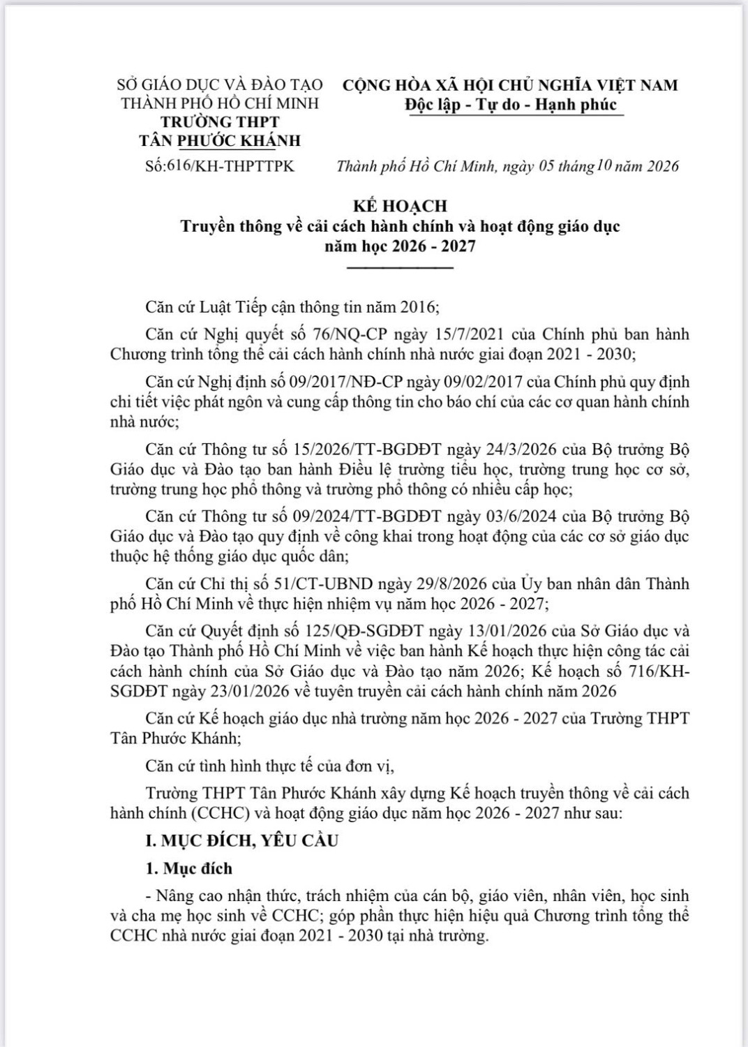 KẾ HOẠCH TRUYỀN THÔNG VỀ CẢI CÁCH HÀNH CHÍNH VÀ HOẠT ĐỘNG GIÁO DỤC NĂM HỌC 2026 – 2027