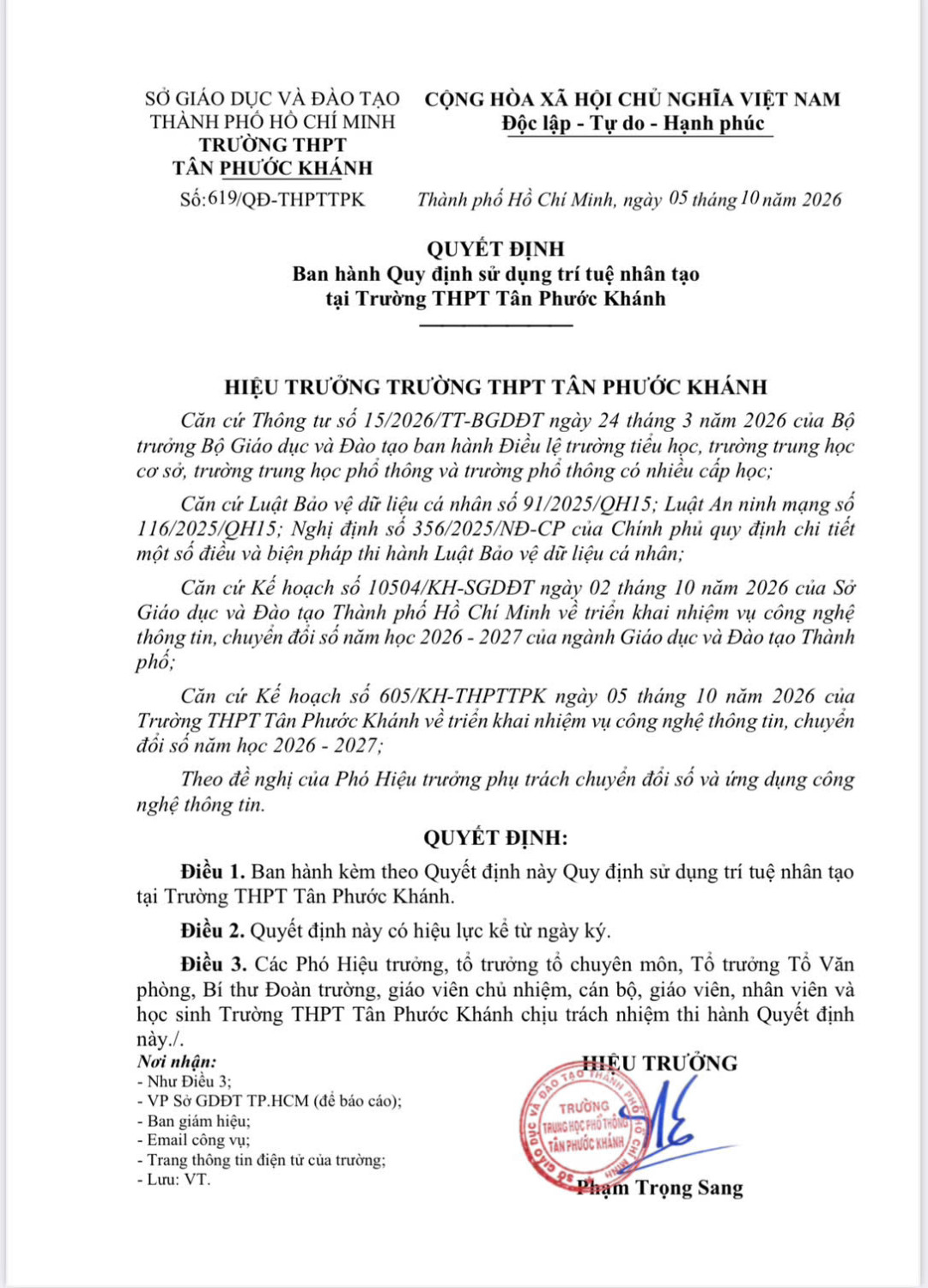 QUYẾT ĐỊNH BAN HÀNH QUY ĐỊNH SỬ DỤNG TRÍ TUỆ NHÂN TẠO TẠI TRƯỜNG THPT TÂN PHƯỚC KHÁNH