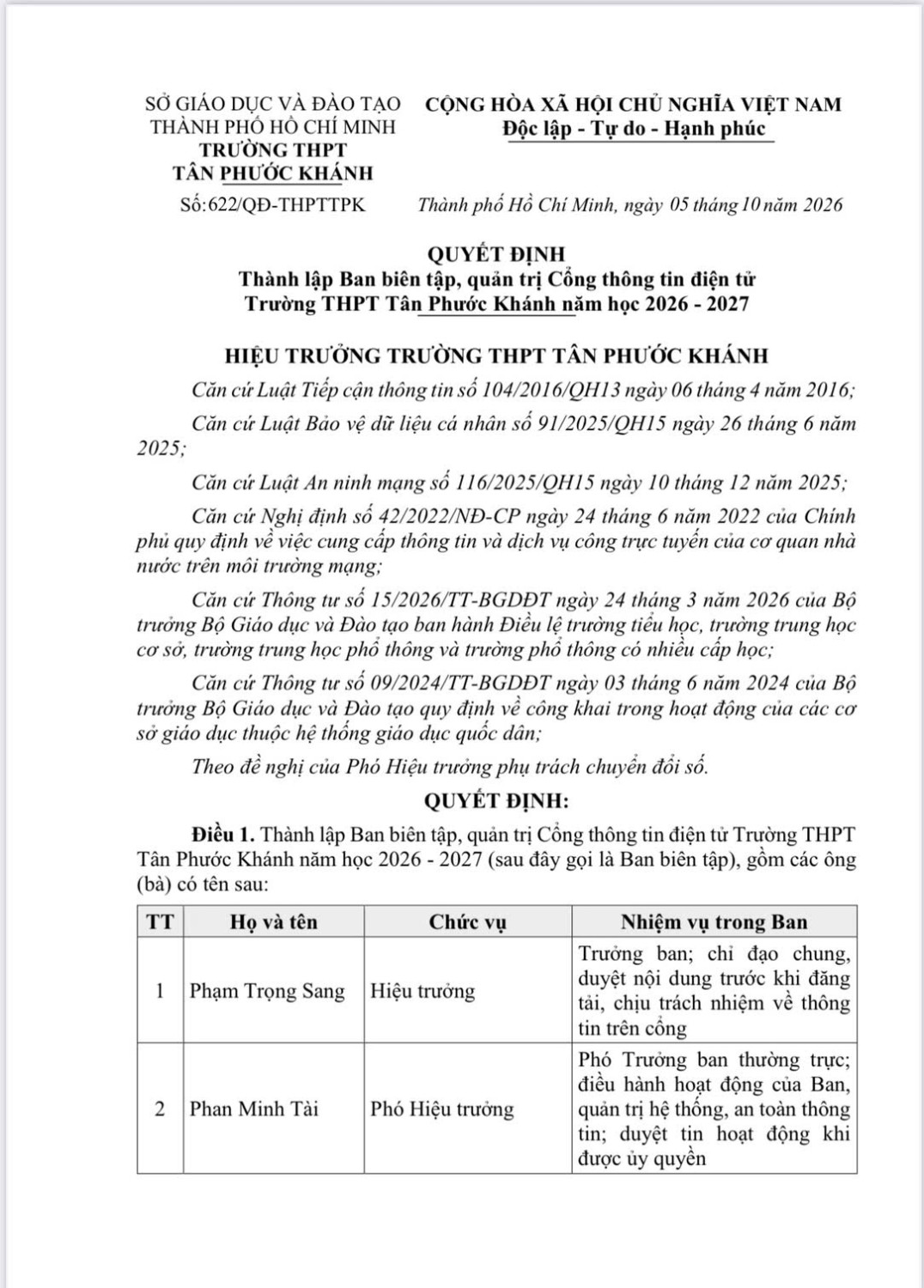 QUYẾT ĐỊNH THÀNH LẬP BAN BIÊN TẬP, QUẢN TRỊ CỔNG THÔNG TIN ĐIỆN TỬ TRƯỜNG THPT TÂN PHƯỚC KHÁNH NĂM HỌC 2026 - 2027