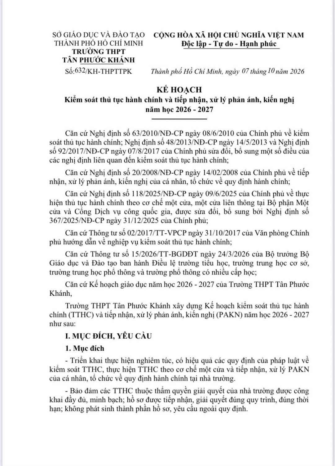 KẾ HOẠCH KIỂM SOÁT THỦ TỤC HÀNH CHÍNH VÀ TIẾP NHẬN, XỬ LÝ PHẢN ÁNH, KIẾN NGHỊ NĂM HỌC 2026 - 2027