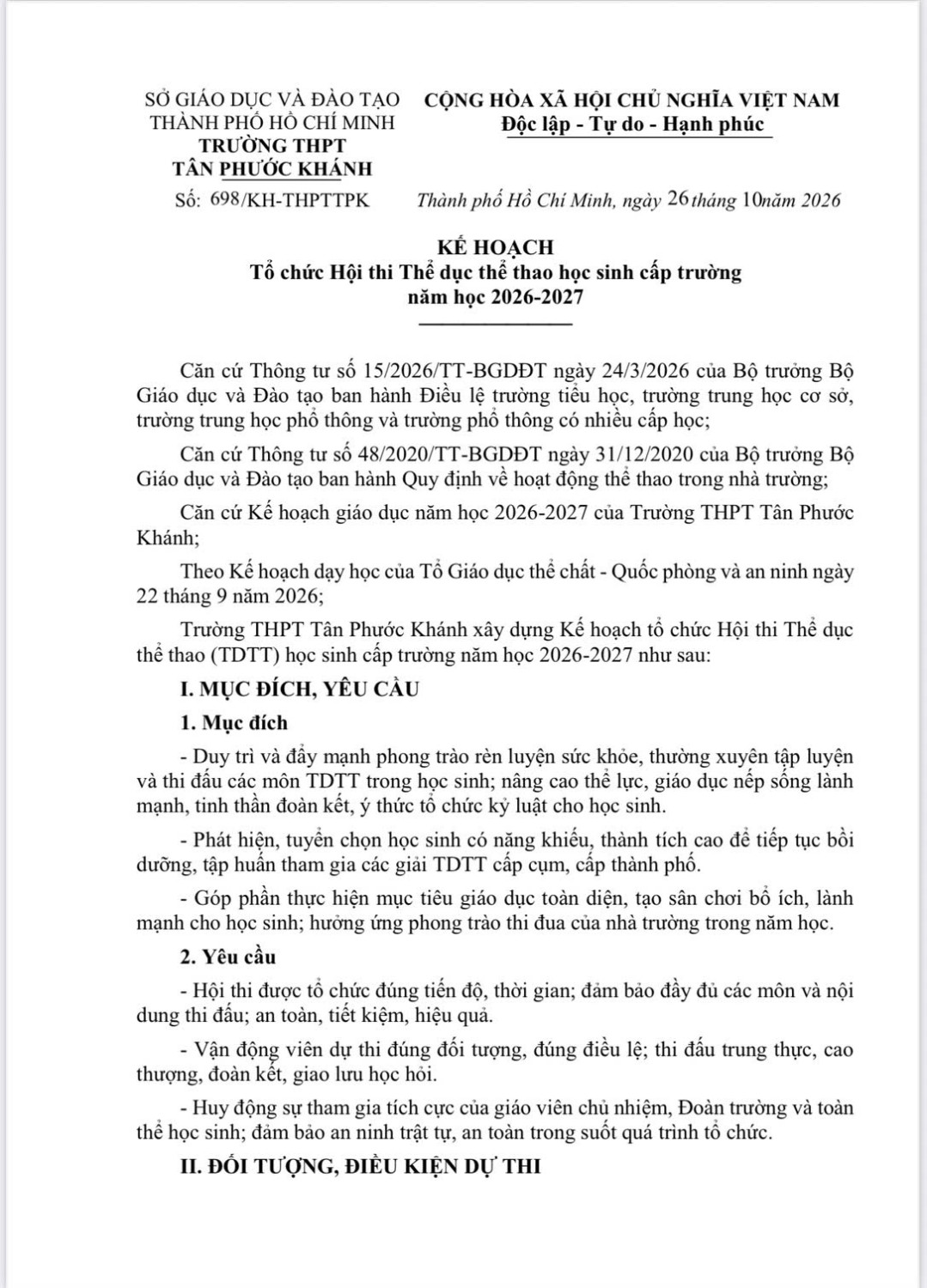 698_KẾ HOẠCH TỔ CHỨC HỘI THI THỂ DỤC THỂ THAO HỌC SINH CẤP TRƯỜNG NĂM HỌC 2026-2027
