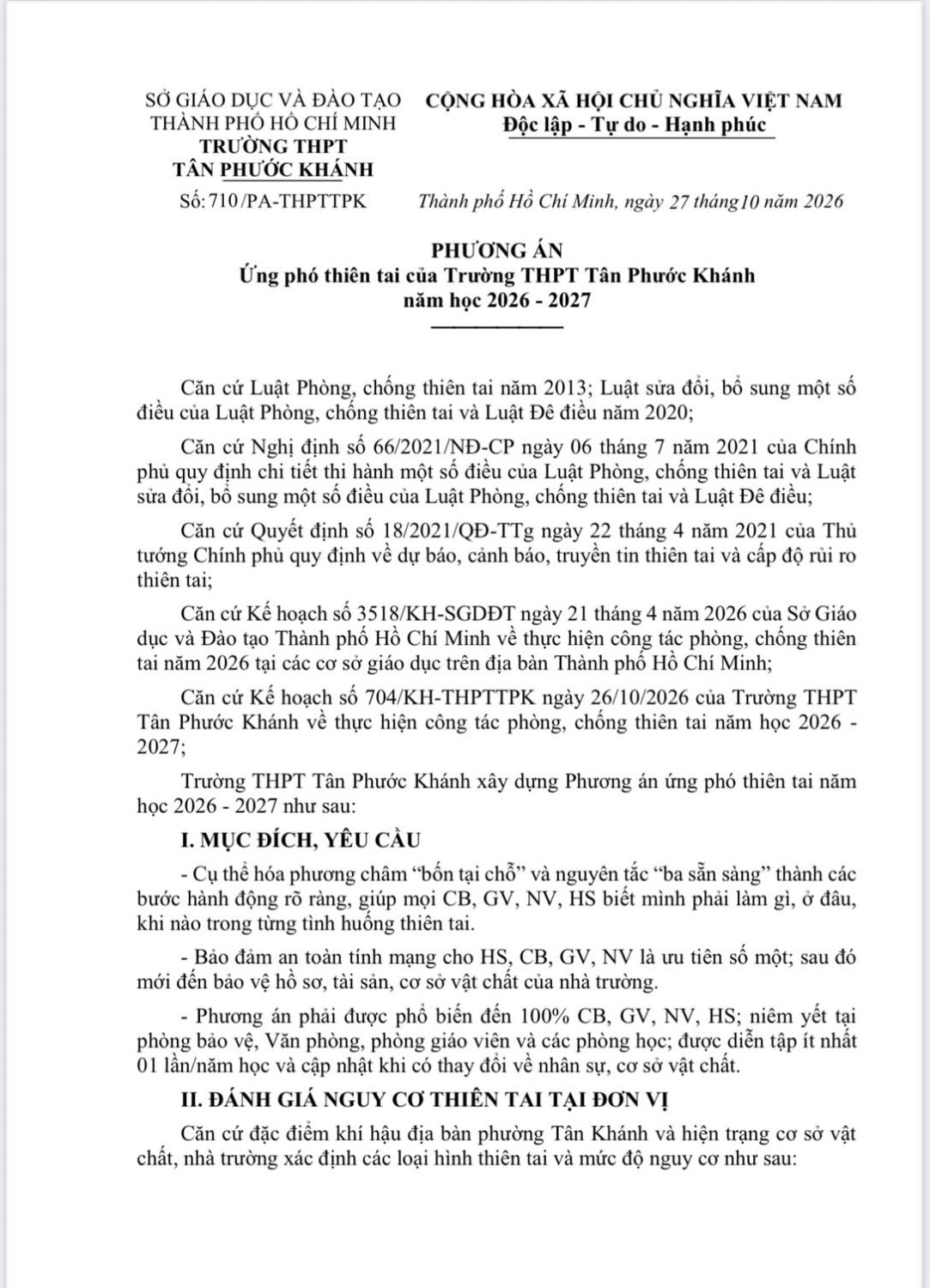 710_PHƯƠNG ÁN ỨNG PHÓ THIÊN TAI CỦA TRƯỜNG THPT TÂN PHƯỚC KHÁNH NĂM HỌC 2026 - 2027