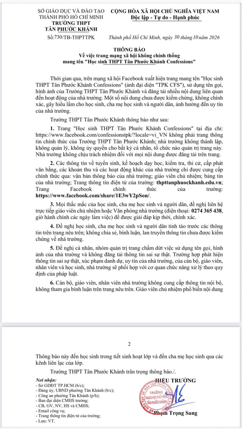 730_THÔNG BÁO VỀ VIỆC TRANG MẠNG XÃ HỘI KHÔNG CHÍNH THỐNG MANG TÊN “HỌC SINH THPT TÂN PHƯỚC KHÁNH CONFESSIONS”