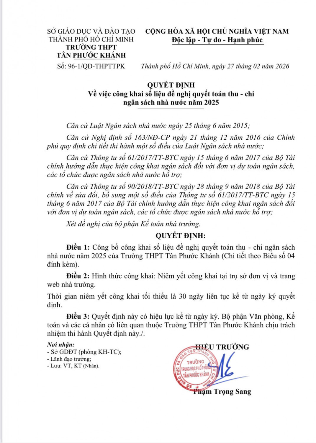 QUYẾT ĐỊNH VỀ VIỆC CÔNG KHAI SỐ LIỆU ĐỀ NGHỊ QUYẾT TOÁN THU - CHI NGÂN SÁCH NHÀ NƯỚC NĂM 2025